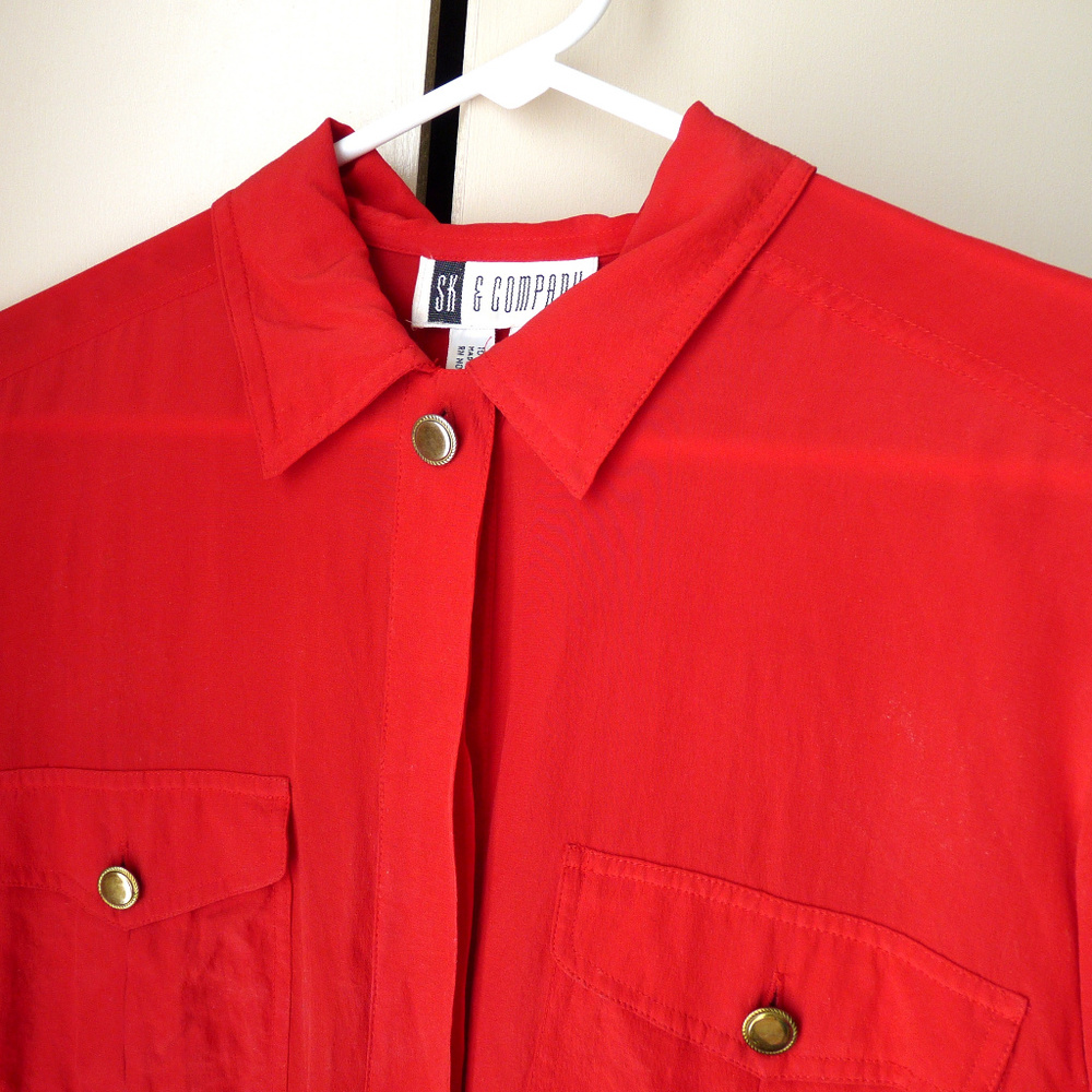 SK & Company red silk blouse shirt brass buttons - Picture 2 of 7